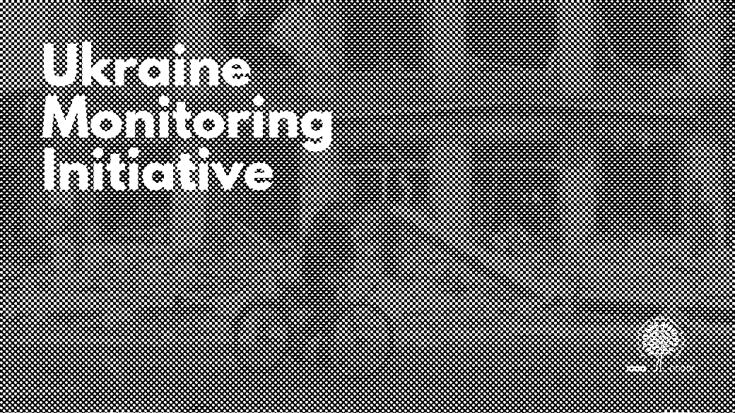 Man on bicycle in front of damaged building, blue overlay. Text reads: Ukraine Monitoring Initiative. Logos on the bottom right.