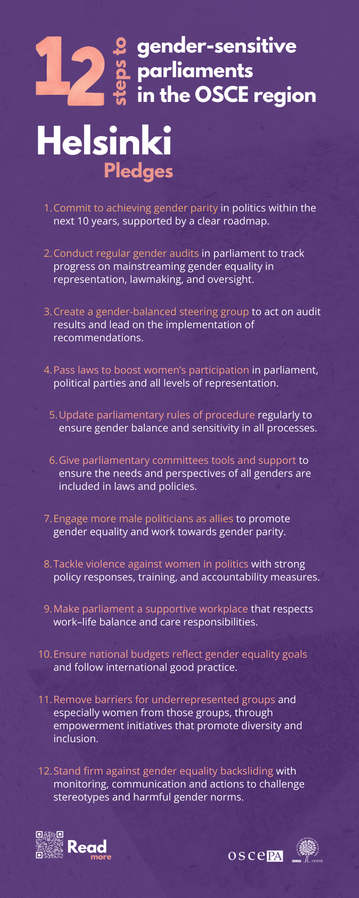 12 pledges for gender-sensitive parliaments in Helsinki, listed on a purple background.