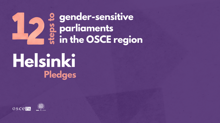 Purple graphic with text: "12 steps to gender-sensitive parliaments in the OSCE region. Helsinki Pledges."