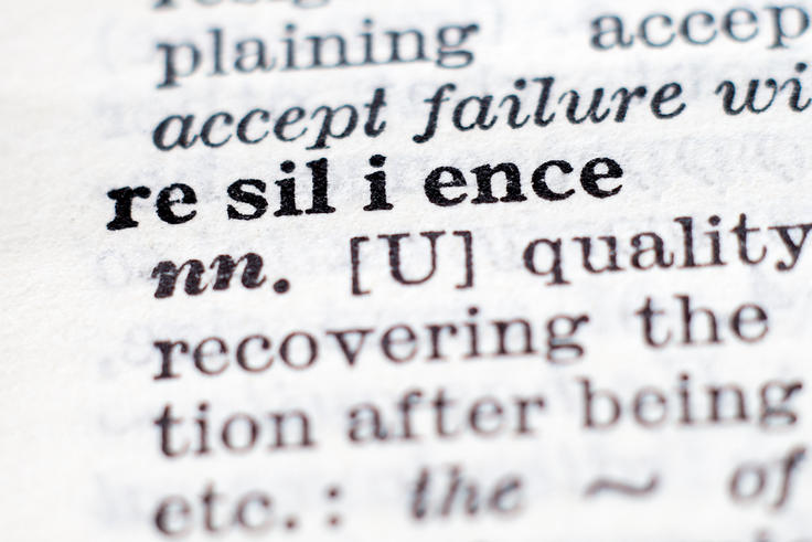 Dictionary close-up of the word "resilience," with pronunciation and part of speech.