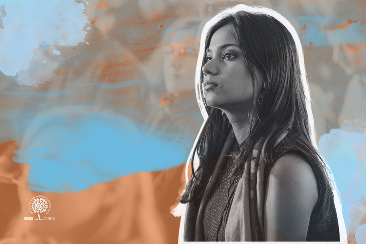 A woman in profile, set against a colorful abstract background with blue and orange swirls.