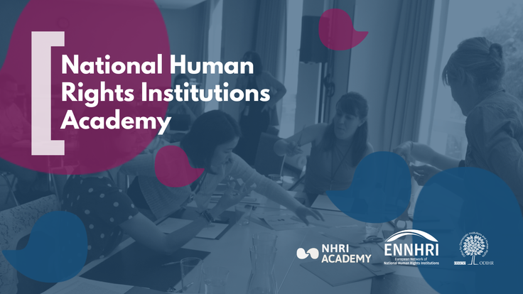 People discussing at a table in a blue-toned room, logos for NHRIA, ENNHRI, and OSCE displayed.