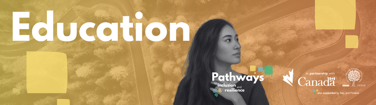 Woman in grayscale looks right, with "Education" and logos on an orange-yellow background.