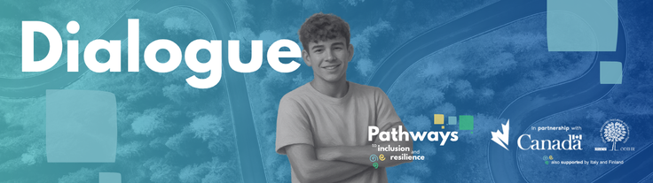 Young person smiling, arms crossed, with logos for Pathways, Government of Canada, and text "Dialogue" on a blue background.