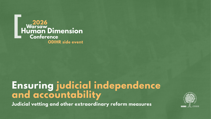 Green graphic with text about ensuring judicial independence and accountability for a 2023 conference event.