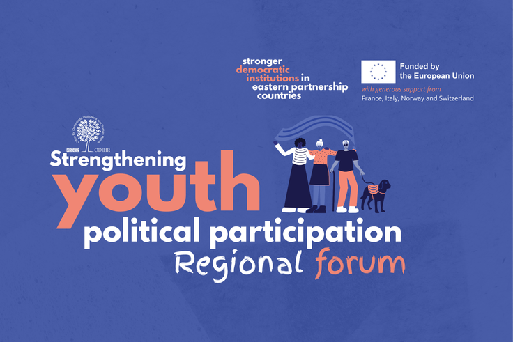 Youth holding hands under an arch with a pink background. Text highlighting youth political participation.