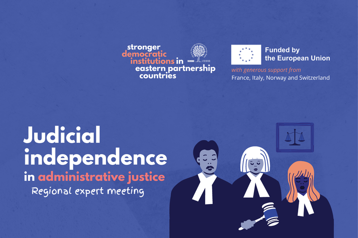 Three cartoon judges in robes and wigs on a blue background with text about judicial independence.