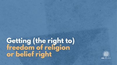 Blue graphic with white and yellow text about freedom of religion, includes logo in bottom right corner.