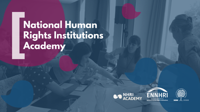 People discussing at a table in a blue-toned room, logos for NHRIA, ENNHRI, and OSCE displayed.