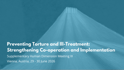 Blue graphic with light rays and text about a meeting in Vienna on preventing torture, dated 29-30 June 2026.