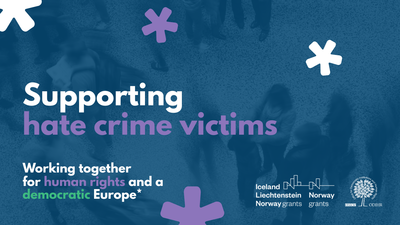 Supporting hate crime victims text with logos on a blue background.