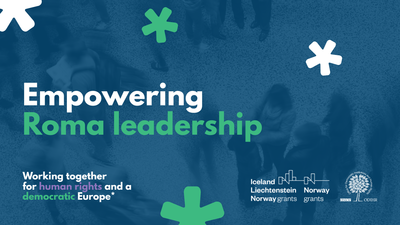 Blue graphic with "Empowering Roma leadership" text and decorative green and white symbols.