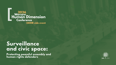 Green conference graphic with panelists and text about surveillance and civic space.