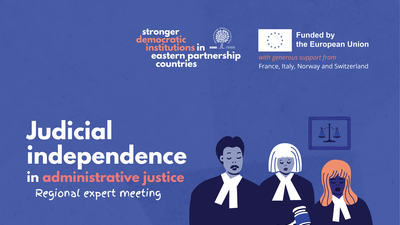 Three cartoon judges in robes and wigs on a blue background with text about judicial independence.