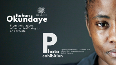 Half portrait of a woman with text announcing a photo exhibition on human trafficking advocacy.