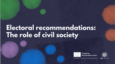 Colorful abstract circles with text reading "Electoral recommendations: The role of civil society." European Union logo at bottom.