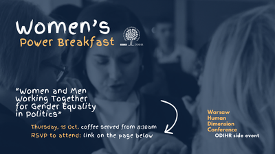 Women talking at a breakfast event with informational text in the foreground.