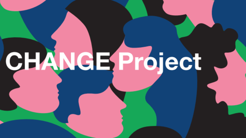 Colorful graphic of overlapping, silhouetted faces in pink, blue, and green with the text "CHANGE Project."