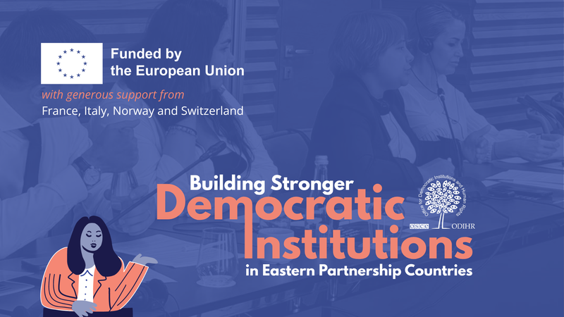 Graphic with text: Building Stronger Democratic Institutions, shows a conference table with people in discussion.
