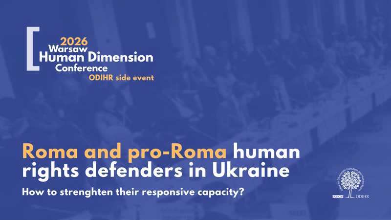 Blue conference banner with text about Roma human rights defenders in Ukraine, featuring event details and a logo.