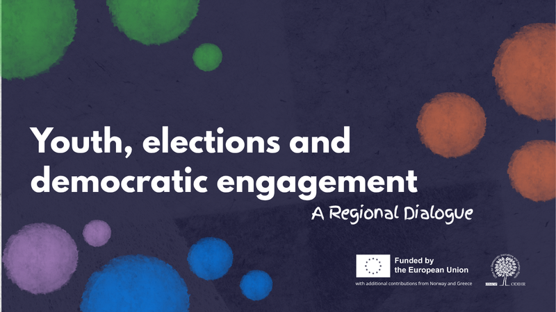Colorful abstract dots on dark background with text about youth and democratic engagement. Logos at the bottom.