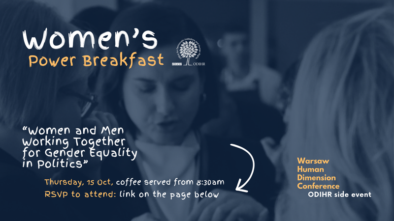Women talking at a breakfast event with informational text in the foreground.