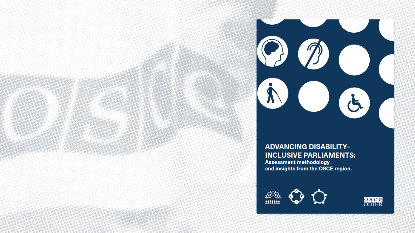 Blue and white cover with disability icons, including hearing aids and wheelchair, and text about disability-inclusive parliaments.