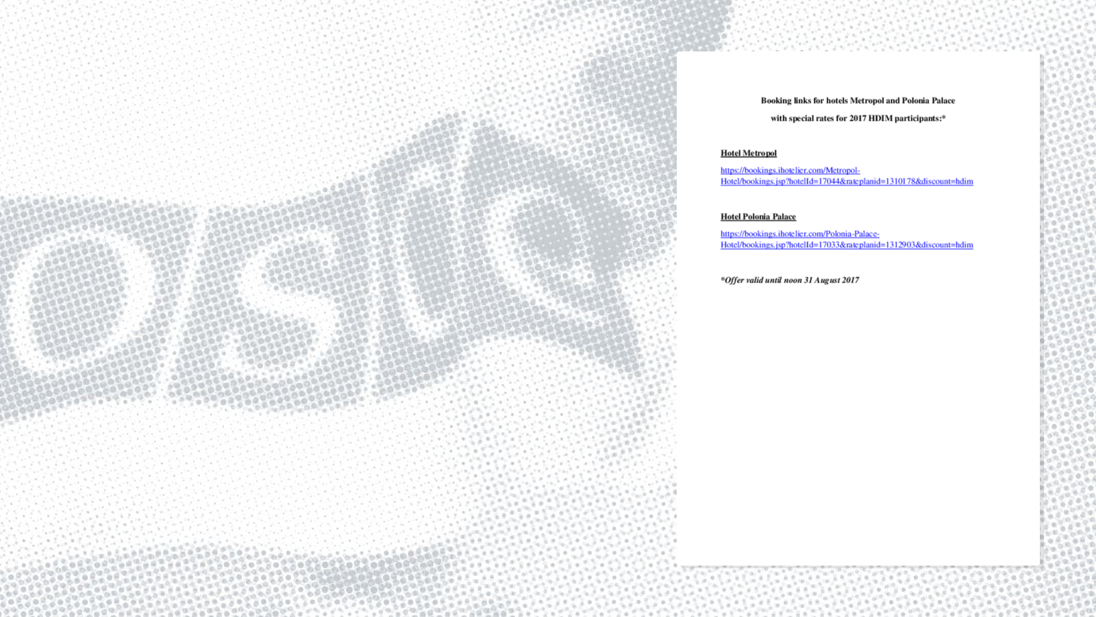 2017 Human Dimension Implementation Meeting: Hotel Special Rates - Metropol and Polonia Palace