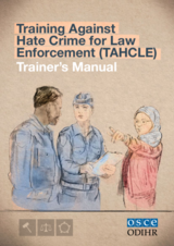 Three people in uniform discussing, one pointing. Text at top specifies it's a manual for hate crime training. Logo at the bottom.