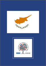Cyprus flag above a tree logo with colorful leaves on blue background.