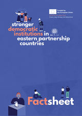 Blue factsheet cover with illustrations of diverse people and white text about democratic institutions.