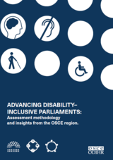Blue and white cover with disability icons, including hearing aids and wheelchair, and text about disability-inclusive parliaments.