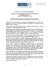 Statement by OSCE PA on right of women migrants to integration into the work place