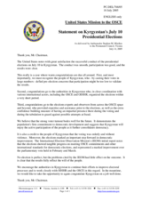Statement by the Delegation of the United States of America on Kyrgyzstan's July 10 Presidential Elections