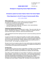 Introductory speech to side event on Strategies for Supporting Human Rights Defenders - Susan Hyland, Head of the Human Rights Policy Department, UK Foreign and Commonwealth Office