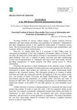Statement by Deputy Head of the Department of the State Information Policy and European Integration Mr. Igor Radziyevskyy on "Securing Freedom of Speech, Mass-media, Free Access to Information and Protection of Journalists in Ukraine"