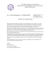 "Letter of concern to the Italian Delegation" from the Roma National Congress, Federation of the Romani Civil and Human Rights Movement