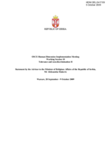 Statement by the Adviser to the Minister of Religious Affairs of the Republic of Serbia, Mr Aleksandar Rakovic