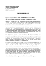 Republika Srpska/Bosnia and Herzegovina, National Assembly Election, 22-23 November 1997: Press Release Republika Srpska/Bosnia and Herzegovina, National Assembly Election, 22-23 November 1997: Press Release