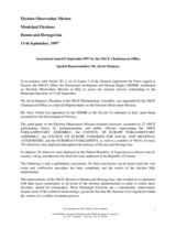 Bosnia and Herzegovina, Municipal Elections, 13-14 September 1997: Preliminary Statement Bosnia and Herzegovina, Municipal Elections, 13-14 September 1997: Preliminary Statement
