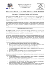 Armenia, Presidential Election, First Round, 19 February 2003: Preliminary Statement Armenia, Presidential Election, First Round, 19 February 2003: Preliminary Statement