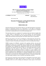 Romania, Parliamentary and Presidential Elections, First Round, 3 November 1996: Press Release