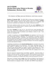 Slovakia, Parliamentary Elections, 20-21 September 2002: Preliminary Statement
