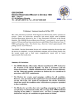 Slovakia, Presidential Election, First Round, 15 May 1999: Preliminary Statement