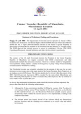 Former Yugoslav Republic of Macedonia, Presidential Election, First Round, 14 April 2004: Preliminary Statement