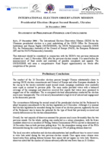 Ukraine, Presidential Election, Repeat Second Round, 26 December 2004: Preliminary Statement Ukraine, Presidential Election, Repeat Second Round, 26 December 2004: Preliminary Statement