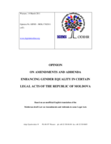 Opinion on the Amendments and Addenda Enhancing Gender Equality in Certain Legal Act of the Republic of Moldova