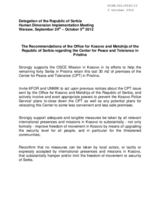The Recommendations of the Office for Kosovo and Metohija of the Republic of Serbia regarding the Center for Peace and Tolerance in Pristina