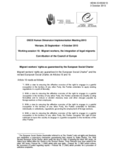 Contribution of the Council of Europe for the Working Session 16: Migrant workers, the integration of legal migrants