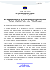 EU Opening statement at the 2011 Human Dimension Seminar on &lsquo;The Role of Political Parties in the Political Process&rsquo;